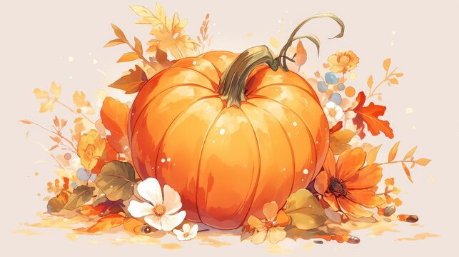 A whimsical and charming hand drawn pumpkin illustration that beautifully embodies the spirit of autumn harvest and Halloween