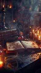 Candles are lit on a table with an open book. Magician concept backgfround. Vertical background