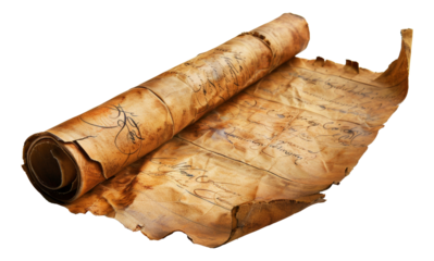 Aged paper scroll with mysterious ancient script isolated on transparent background