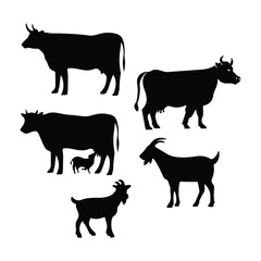 Cows, goats in different poses vector set. Silhouettes 