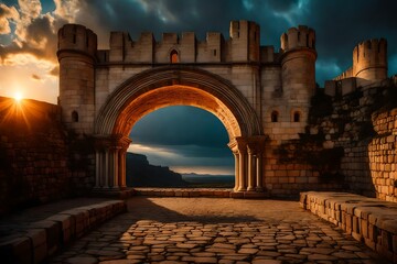 a regal castle landscape, capturing the beauty of stone arches against a fiery sunset.