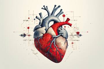 A detailed drawing of a human heart with a computer chip in the background, highlighting the intersection of biology and technology. Generative AI