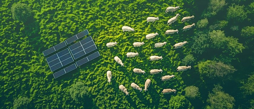 An aerial image of sheep munching on a verdant grass field with solar panels. different source of energy.