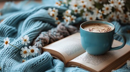 A cup of coffee on a book with a blue scarf and white flowers - obrazy, fototapety, plakaty