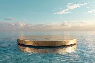 A golden platform floating on a calm sea under a blue sky with white clouds.