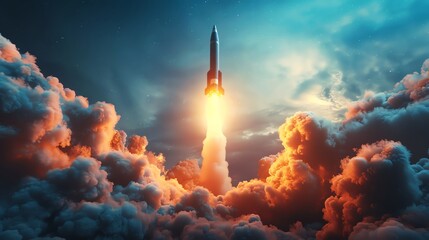 A rocket ship launching into space with clouds in the background.