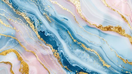 Obraz premium Epoxy resin texture with blue , gold and pink background. Banner Abstract marble waves coloured with crushed gold. Executed in the style of liquid art.