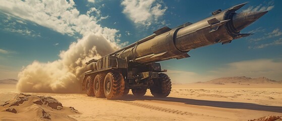 In the desert sand, the army prepares a new metal artillery projectile. - obrazy, fototapety, plakaty
