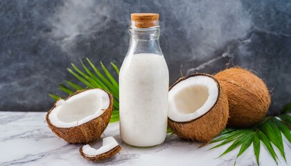 Fototapeta na wymiar Pure Coconut Bliss: Bottle of Coconut Milk on Marble Surface