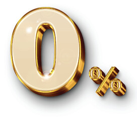 Zero percent numbers, golden yellow, 3d render, decorated with flare lights white background