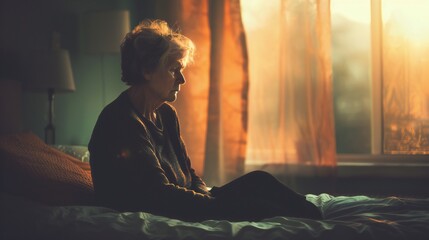 An old female, sitting on bed in sad depressed mode.
