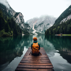 Person with backpack sitting on a pier facing a misty mountain lake.