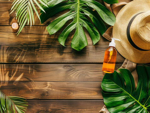 A summer scene with a straw hat, tropical monstera leaves, and a bottle of oil on dark wooden boards.
