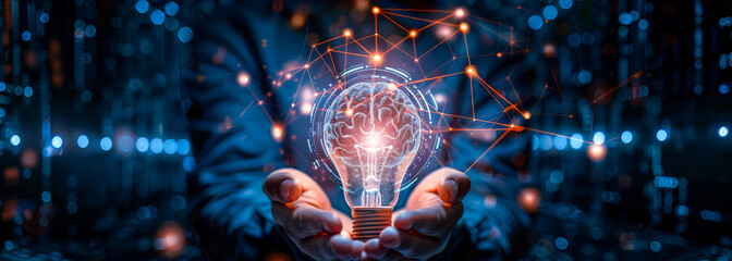 Hands Holding Illuminated Digital Brain Lightbulb - Businessman Innovation Creativity Concept with Data Network Technology and Industrial Science Illustration