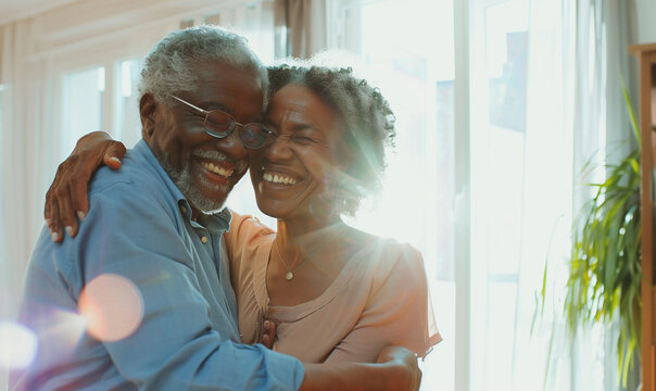 Happy senior couple dancing and laughing together in a bright home, generated ai