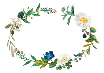 Obraz na płótnie Canvas Vintage floral wreath png sticker hand drawn botanical frame