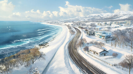 flat art depicts a picturesque coastal road in Hokkaido. The beautiful sea lies to the left of the image, while on the right, there is a view of the city with houses and a school under snow - obrazy, fototapety, plakaty