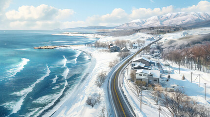 flat art depicts a picturesque coastal road in Hokkaido. The beautiful sea lies to the left of the image, while on the right, there is a view of the city with houses and a school under snow