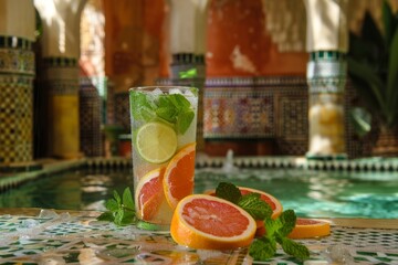 Glass of water with a slice of lime and a grapefruit. Summer drink background