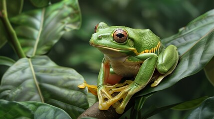 A vibrant green tree frog perched on a leafy branch