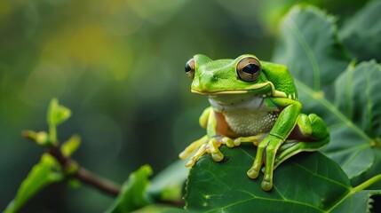 A vibrant green tree frog perched on a leafy branch
