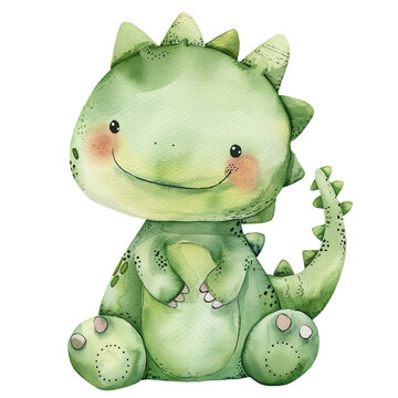Cute baby green dinosaur watercolor clipart illustration isolated on transparent background