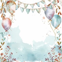 Watercolor background with balloons, bunting and floral elements - obrazy, fototapety, plakaty