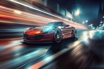 Arafed image of a red sports car driving down a city street