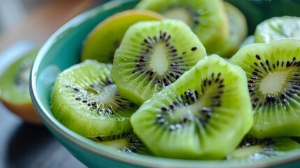 A bowl of perfectly ripe kiwi slices with their black seeds and green flesh