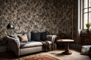 a cozy reading nook with an intriguing wallpaper pattern.