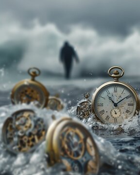 Solitary Figure Walking on a Stormy Beach With Timepieces in the Foreground