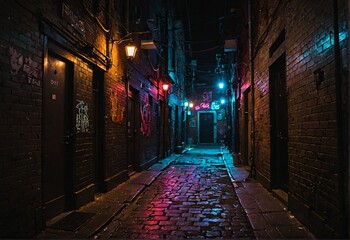 Neon-Lit Urban Alley at Night Background, Backdrop