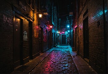 Naklejka premium Neon-Lit Urban Alley at Night Background, Backdrop