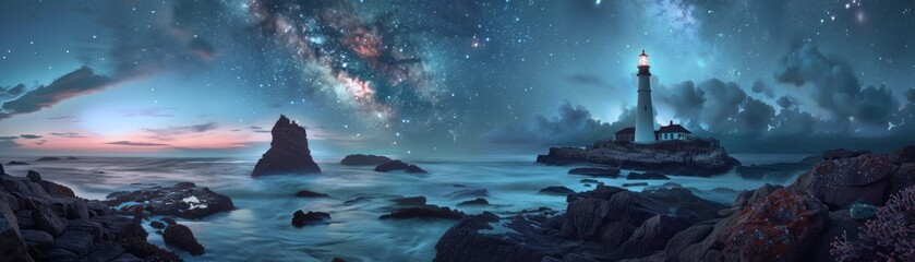 Obraz premium Galactic Twilight at Rocky Lighthouse Shore A breathtaking coastal scene at twilight where a galaxy merges with the twilight sky, highlighting a lighthouse standing guard over the rocky shore.
