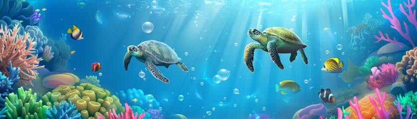 Underwater Haven with Sea Turtles and Coral Reef A captivating underwater panorama teeming with life, showcasing cartoon sea turtles swimming amongst a vibrant coral reef bustling with colorful fish.