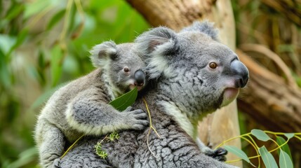A playful baby koala clinging to its mother's back