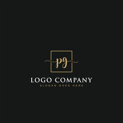 Initials signature letters PG linked inside minimalist luxurious square line border vector logo gold color design for brand, identity, invitations, hotel, boutique, jewelry, photography, company signs