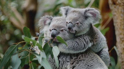 Fototapeta premium A playful baby koala clinging to its mother's back