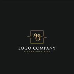 Initials signature letters QG linked inside minimalist luxurious square line border vector logo gold color design for brand, identity, invitations, hotel, boutique, jewelry, photography, company signs