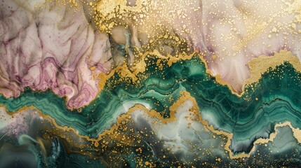 Epoxy resin texture with green, gold and pink background. Banner Abstract marble waves coloured with crushed gold. Executed in the style of liquid art. - obrazy, fototapety, plakaty
