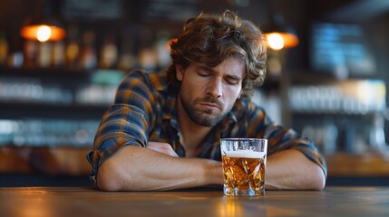 Man at bar with table holding glass of beer, enjoying alcoholic beverage - obrazy, fototapety, plakaty