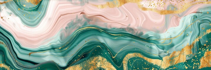 Epoxy resin texture with green, gold and pink background. Banner Abstract marble waves coloured with crushed gold. Executed in the style of liquid art.