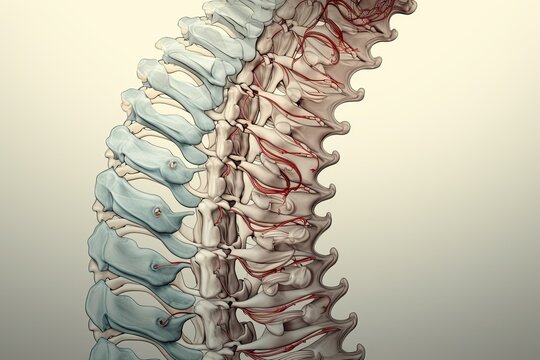 Close-up view of the back of a human skeleton showing vertebrae and ribs. Generative AI