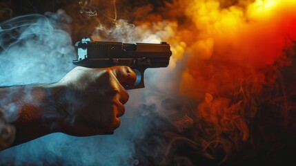Gun Violence concept . Male hand holding gun on black background with smoke yellow orange red white colored back lights  - obrazy, fototapety, plakaty