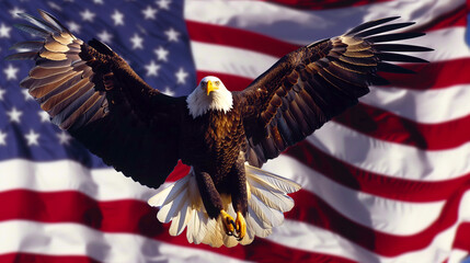 Naklejka premium Majestic bald eagle soaring in front of the American flag.