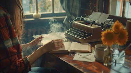 A creative writer composing a novel in a cozy, clutter-free corner with a vintage typewriter and a cup of coffee, in a nostalgic style.