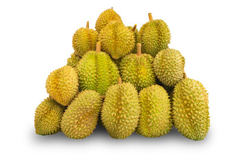 Pile of durian fruit on white background. Seasonal fruits of Thailand