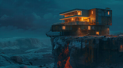 a three storey abandoned office block on a cliff in desert, night time, fantasy