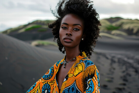 Portrait of black female model in colorful high end fashion clothes on black sand dunes