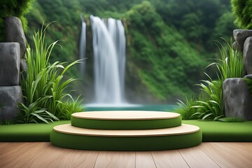 An idyllic and serene waterfall flows in a verdant setting with lush greenery, complementing a circular podium for product displays